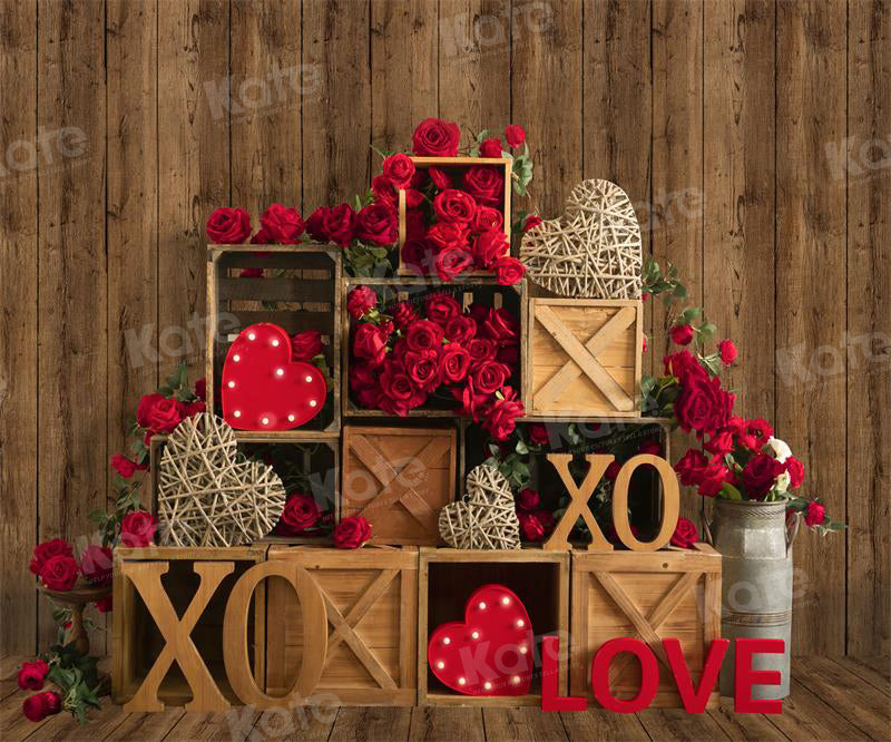 Kate Valentine's Day XOXO Rose Retro Wood Backdrop for Photography - Kate Backdrop AU