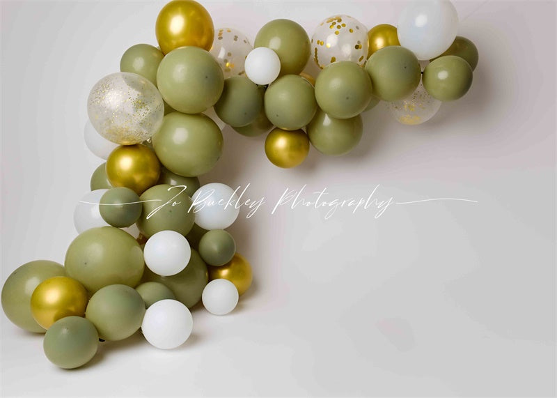 Kate Gold Green Balloons Backdrop Cake Smash Designed by Jo Buckley Photography - Kate Backdrop AU
