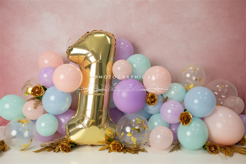 Kate First Birthday Backdrop Balloon Cake Smash for Photography Designed by Jenna Onyia - Kate Backdrop AU