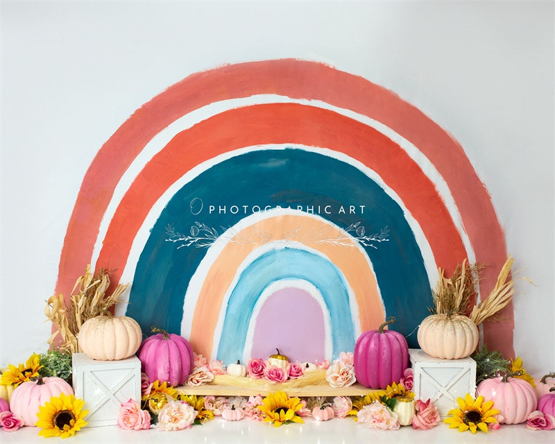 Kate Fall Rainbow Backdrop Flowers Cake Smash for Photography Designed by Jenna Onyia - Kate Backdrop AU