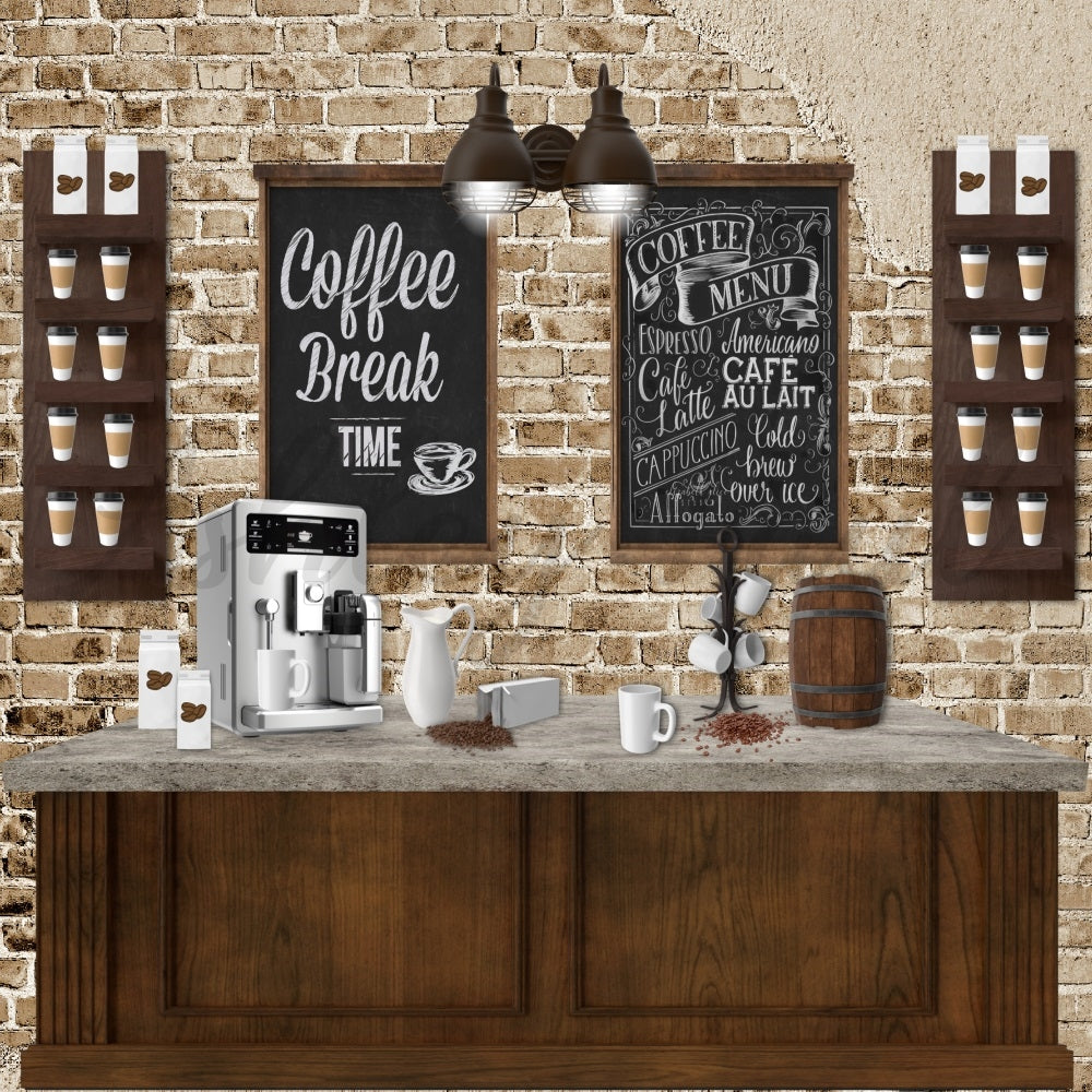 Kate Coffee Break Leisure Time Backdrop Brick Wall Designed by Ashley Paul - Kate Backdrop AU
