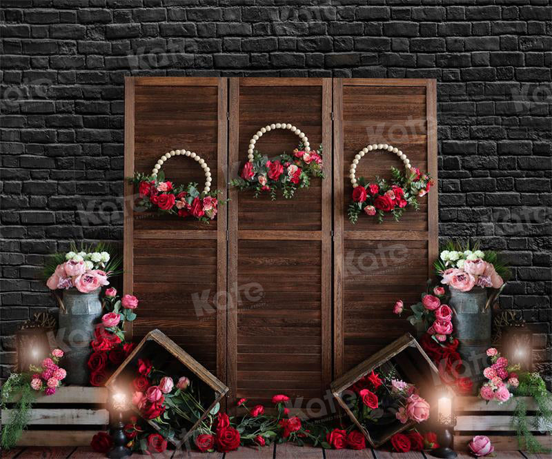 Kate Spring Rose Backdrop Flower Retro Black Brick Wall for Photography - Kate Backdrop AU