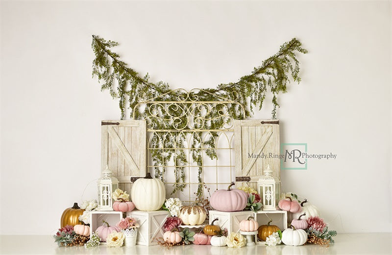 Kate Garden Gate Backdrop Pink and Gold Pumpkins Designed by Mandy Ringe Photography - Kate Backdrop AU