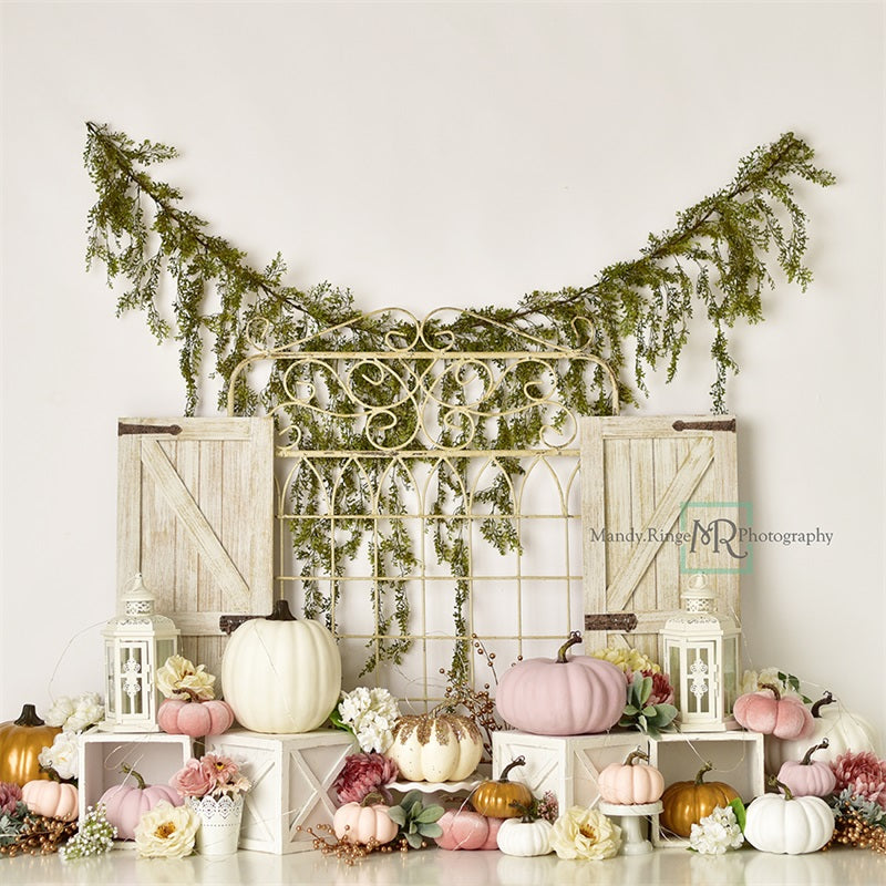 Kate Garden Gate Backdrop Pink and Gold Pumpkins Designed by Mandy Ringe Photography - Kate Backdrop AU