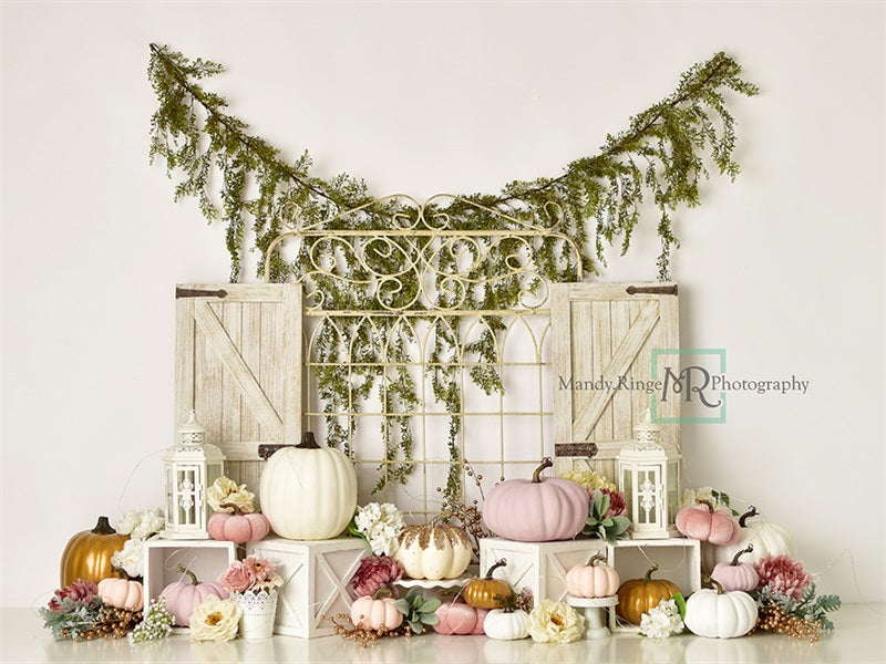 Kate Garden Gate Backdrop Pink and Gold Pumpkins Designed by Mandy Ringe Photography - Kate Backdrop AU
