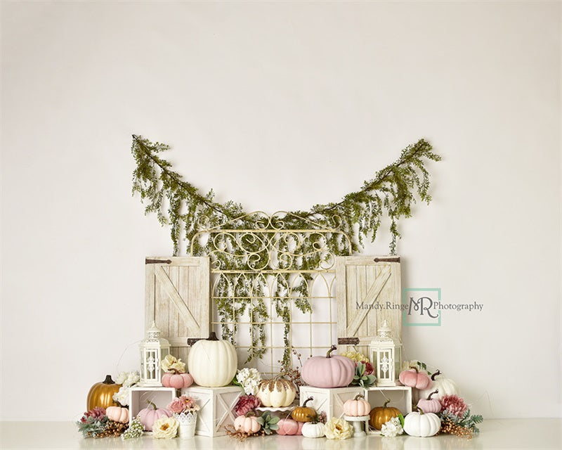 Kate Garden Gate Backdrop Pink and Gold Pumpkins Designed by Mandy Ringe Photography - Kate Backdrop AU