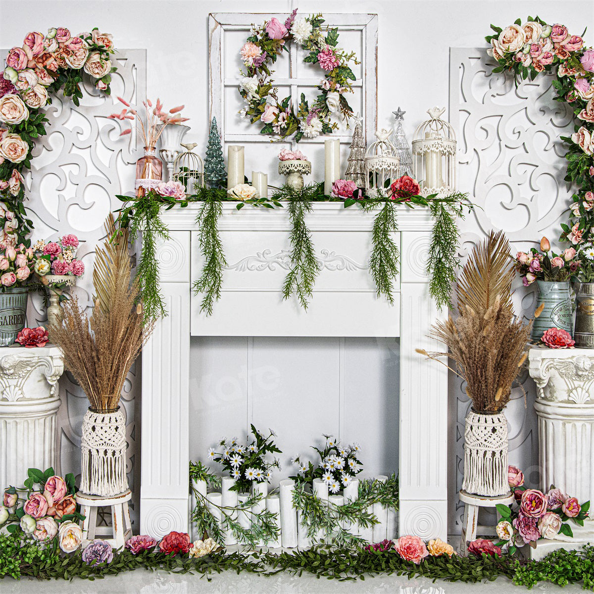 Kate Spring Flower Backdrop White Fireplace for Photography - Kate Backdrop AU