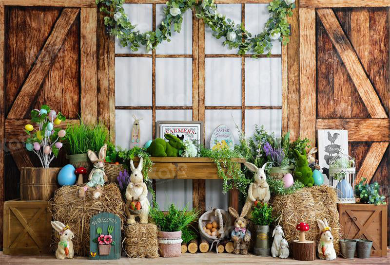 Kate Easter Bunny Backdrop Wooden House Green Plants for Photography - Kate Backdrop AU