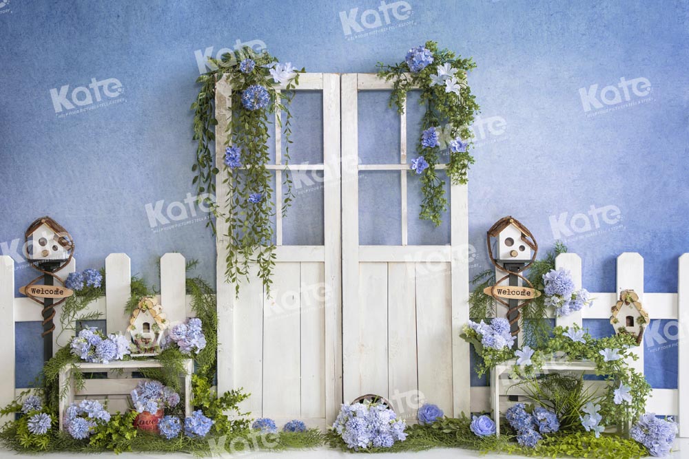 Kate Blue Flowers Spring Backdrop Barn Door Designed by Emetselch - Kate Backdrop AU