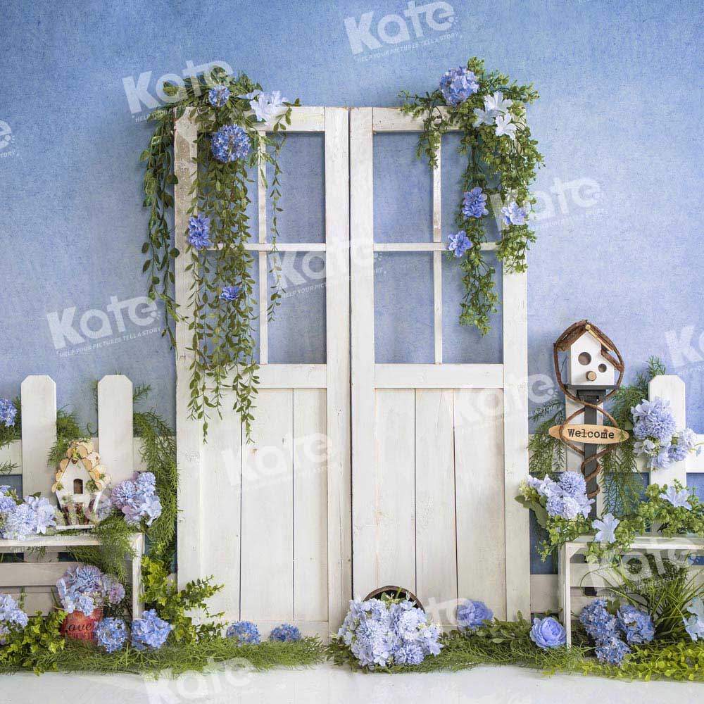 Kate Blue Flowers Spring Backdrop Barn Door Designed by Emetselch - Kate Backdrop AU