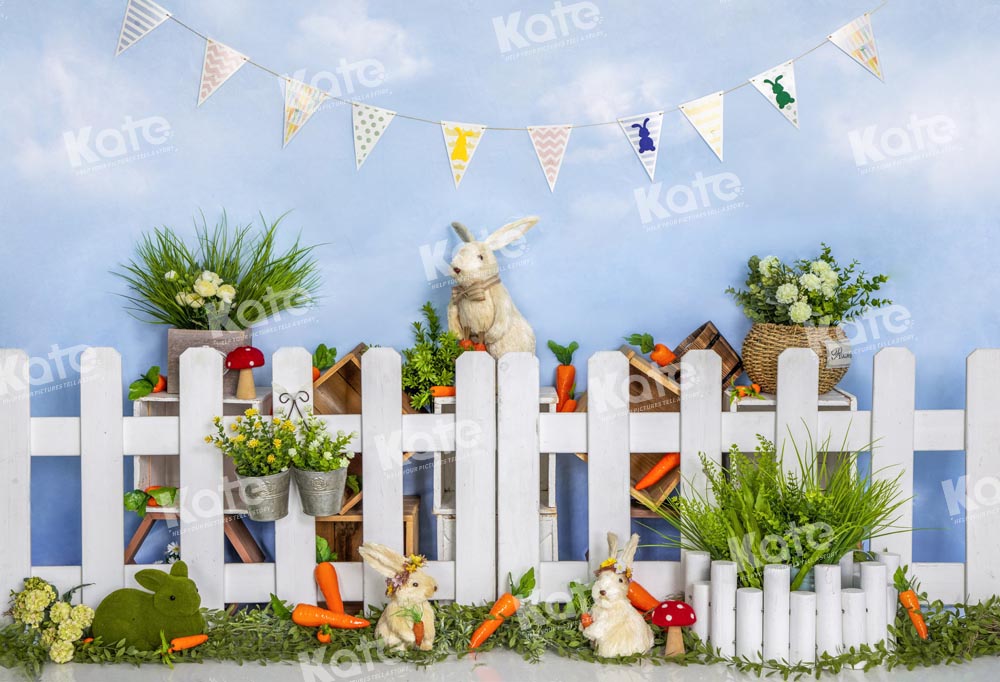 Kate Easter Bunny Backdrop Blue Fence Farm Designed by Emetselch - Kate Backdrop AU