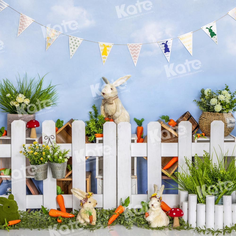 Kate Easter Bunny Backdrop Blue Fence Farm Designed by Emetselch - Kate Backdrop AU