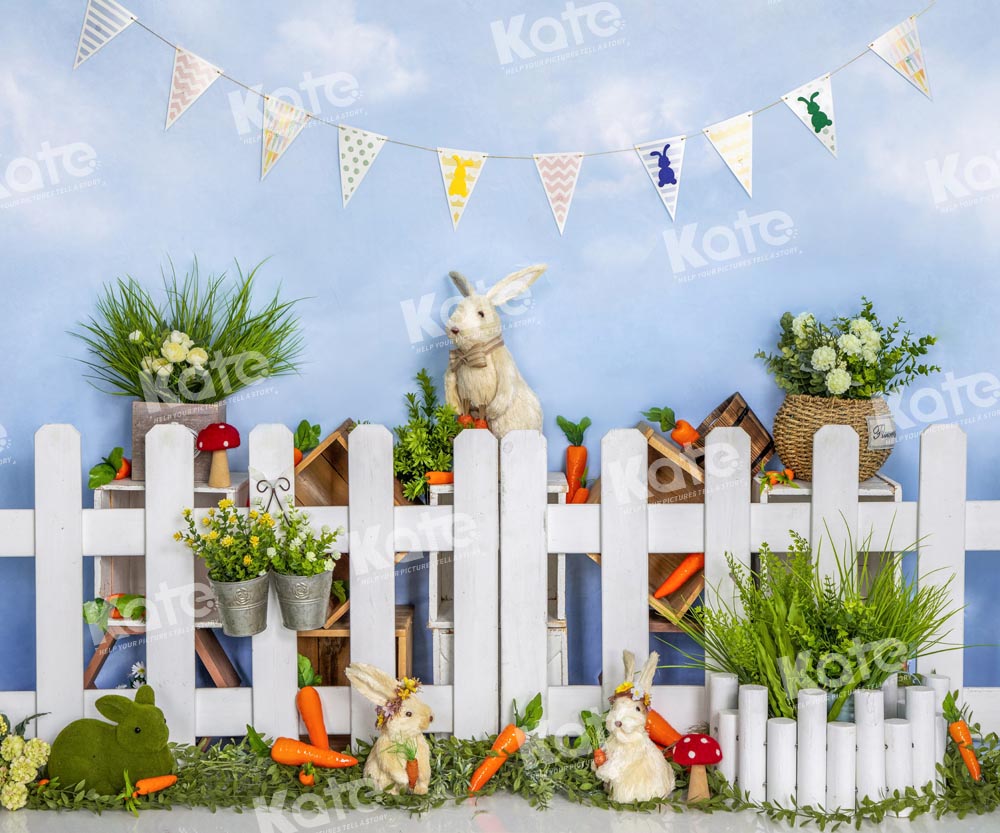 Kate Easter Bunny Backdrop Blue Fence Farm Designed by Emetselch - Kate Backdrop AU