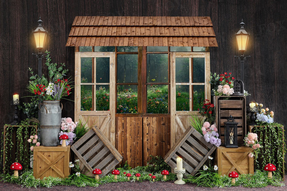 Kate Spring Wooden House Backdrop Mushroom Flower for Photography - Kate Backdrop AU