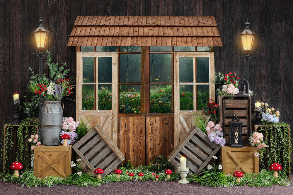 Kate Spring Wooden House Backdrop Mushroom Flower for Photography - Kate Backdrop AU