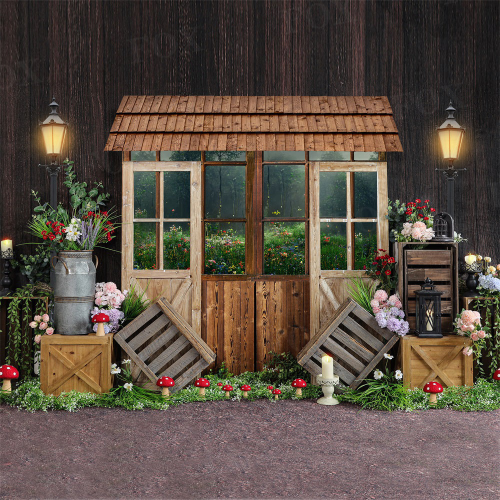 Kate Spring Wooden House Backdrop Mushroom Flower for Photography - Kate Backdrop AU