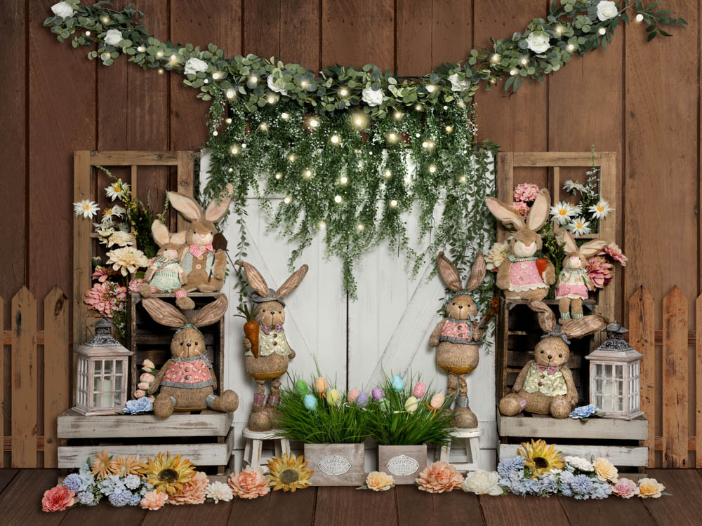 Kate Easter Bunny Backdrop Barn Door Green Plants Designed by Emetselch - Kate Backdrop AU