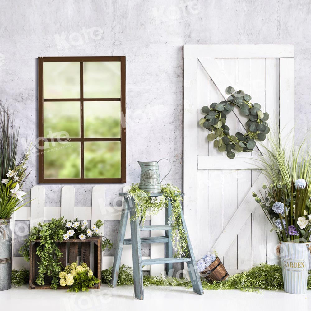 Kate White Fence Backdrop Wood Grain Flowers Window Designed by Emetselch - Kate Backdrop AU