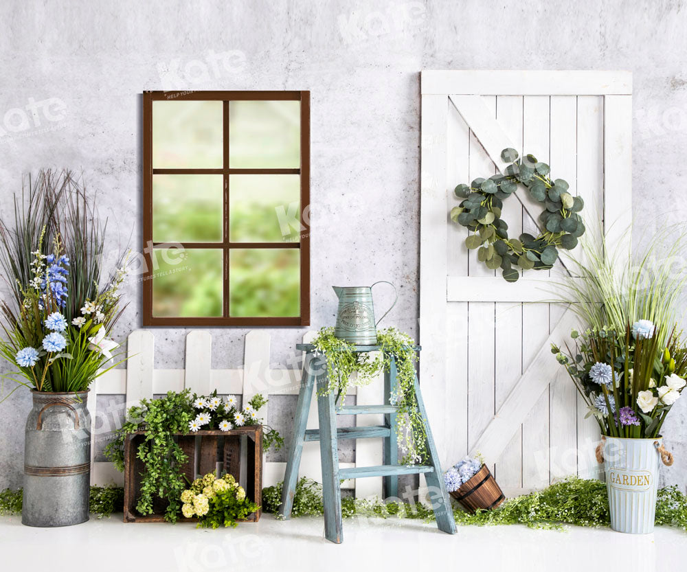 Kate White Fence Backdrop Wood Grain Flowers Window Designed by Emetselch - Kate Backdrop AU