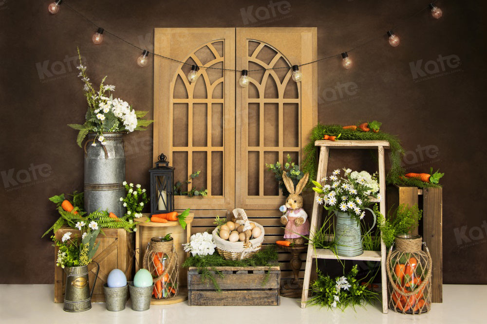 Kate Easter Bunny Backdrop Eggs Green Plants Carrot for Photography - Kate Backdrop AU