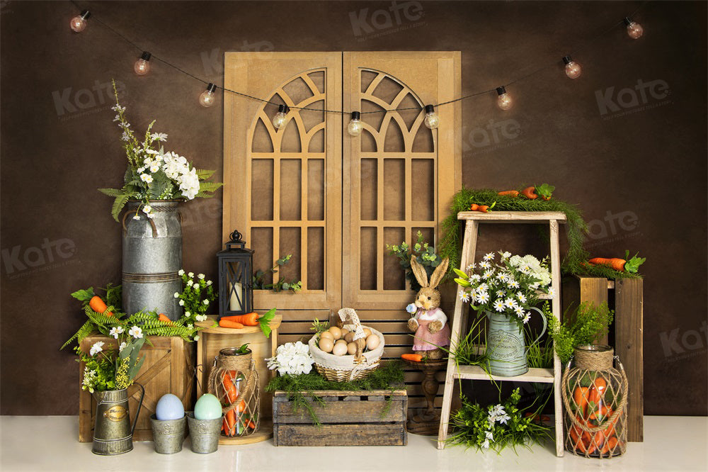 Kate Easter Bunny Backdrop Eggs Green Plants Carrot for Photography - Kate Backdrop AU