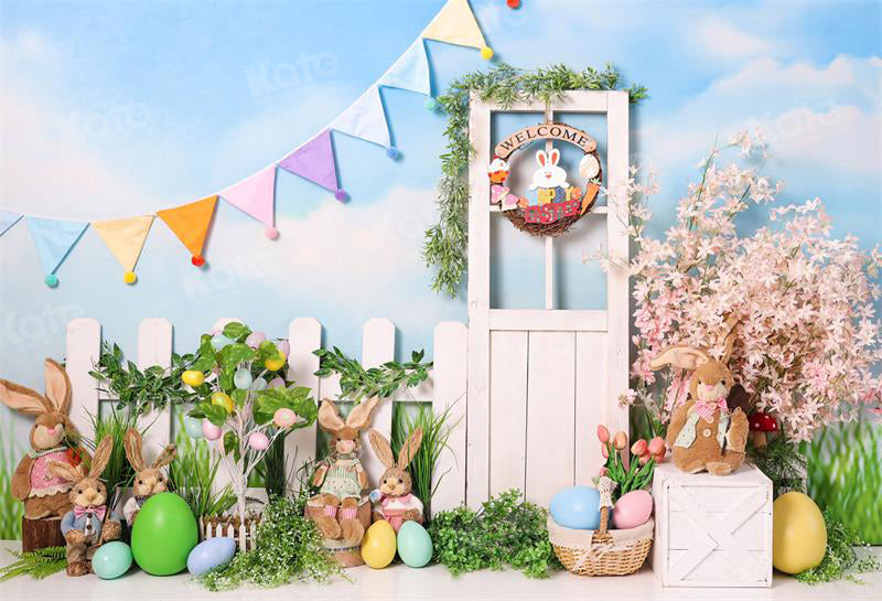 Kate Easter Bunny Backdrop Eggs Blue Sky for Photography - Kate Backdrop AU
