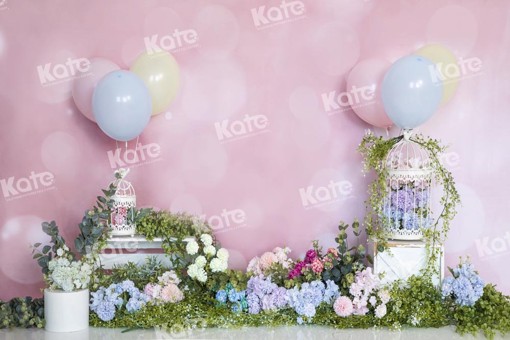 Kate Spring Flower Pink Backdrop Balloon Cake Smash Designed by Emetselch - Kate Backdrop AU