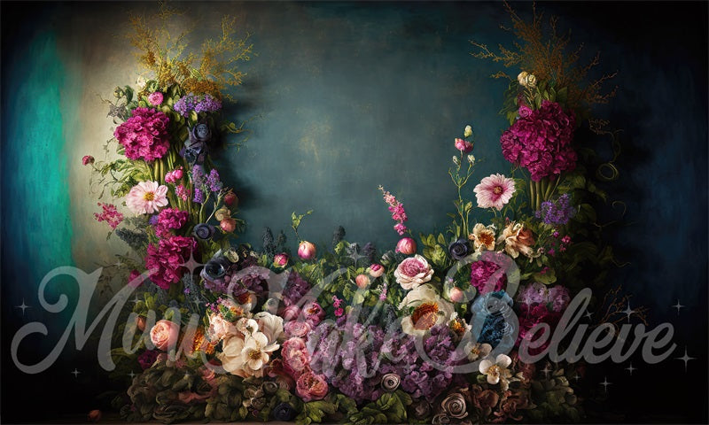 Kate Fine Art Backdrop Oil Painterly Floral Dark Teal Designed by Mini MakeBelieve - Kate Backdrop AU