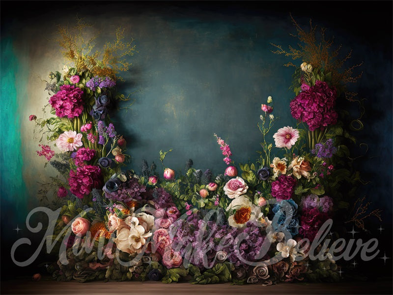Kate Fine Art Backdrop Oil Painterly Floral Dark Teal Designed by Mini MakeBelieve - Kate Backdrop AU