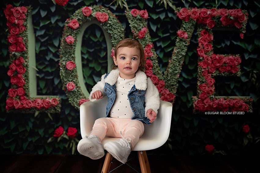 Kate Valentine Pink Flower Love Letters Backdrop Grass Wall Designed by Mini MakeBelieve - Kate Backdrop AU