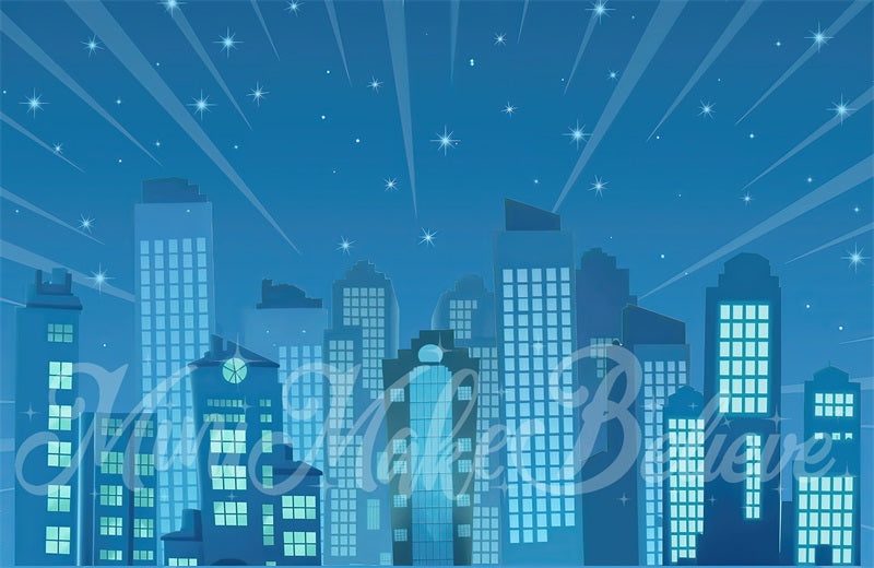 Kate Cake Smash City Buildings Backdrop Cartoon Blue Night Designed by Mini MakeBelieve - Kate Backdrop AU