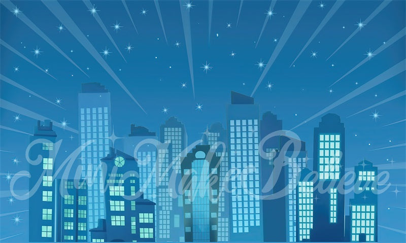 Kate Cake Smash City Buildings Backdrop Cartoon Blue Night Designed by Mini MakeBelieve - Kate Backdrop AU