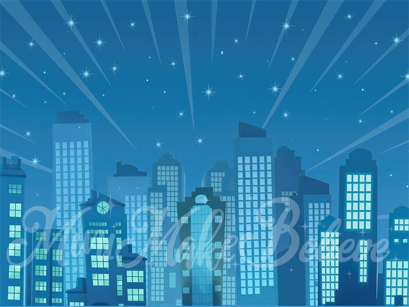 Kate Cake Smash City Buildings Backdrop Cartoon Blue Night Designed by Mini MakeBelieve - Kate Backdrop AU