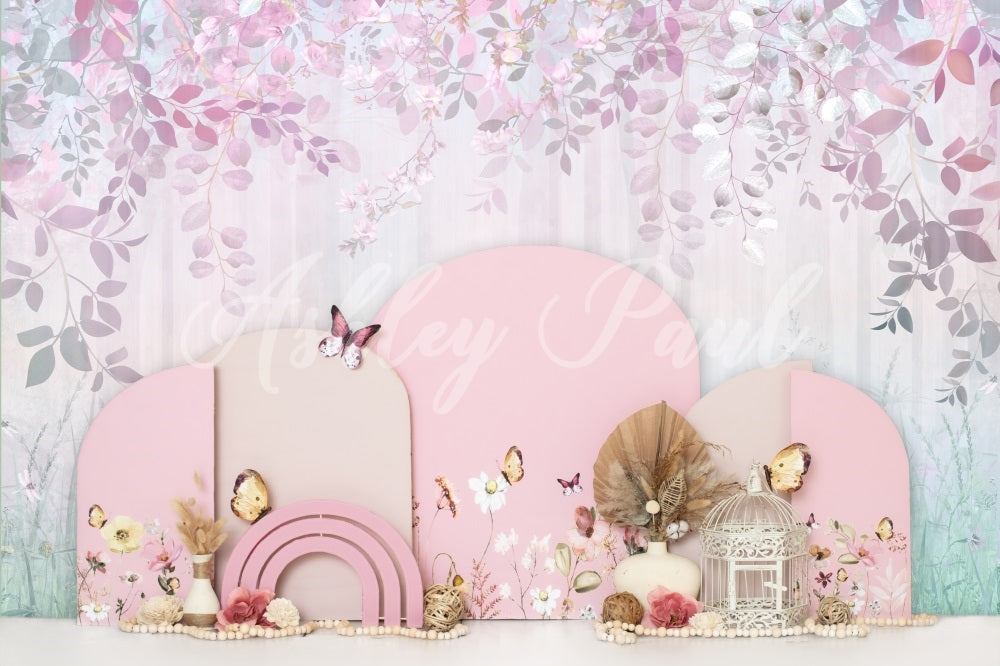 Kate Pink Buttefly Floral Backdrop Girl Cake Smash Designed by Ashley Paul - Kate Backdrop AU