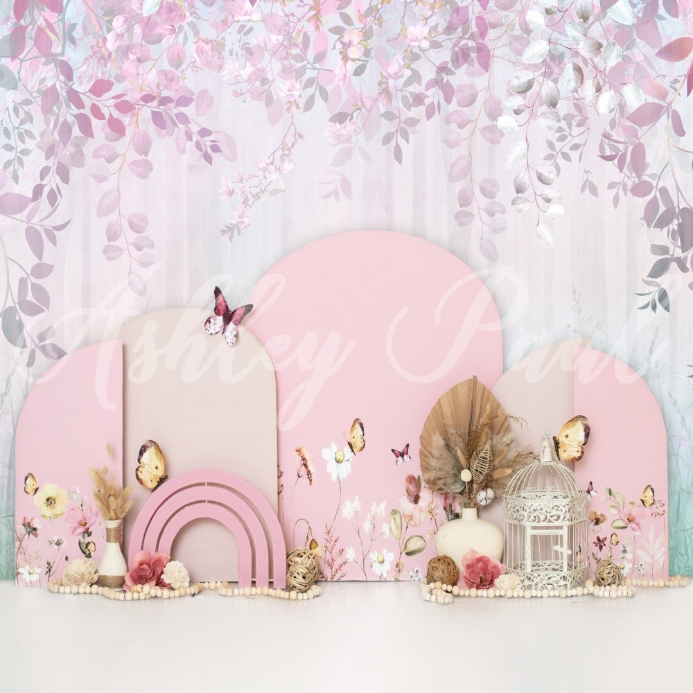 Kate Pink Buttefly Floral Backdrop Girl Cake Smash Designed by Ashley Paul - Kate Backdrop AU