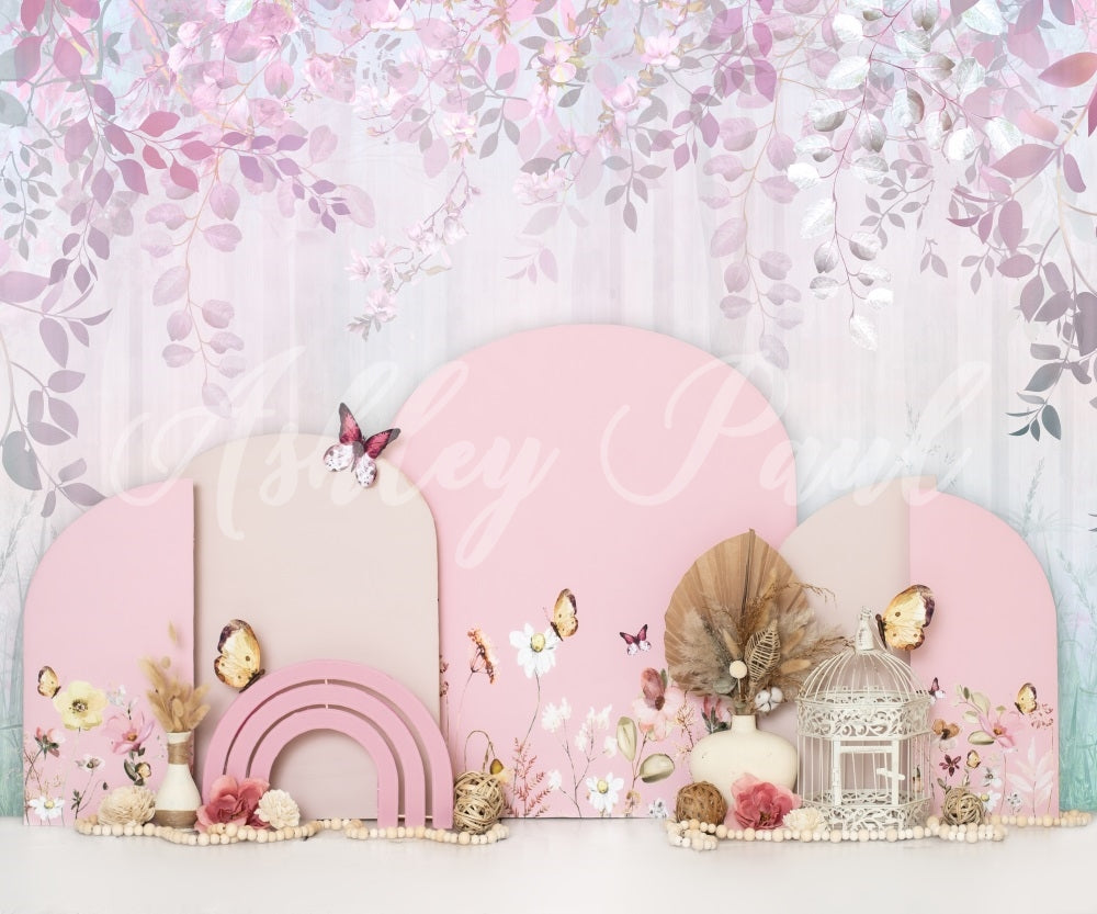 Kate Pink Buttefly Floral Backdrop Girl Cake Smash Designed by Ashley Paul - Kate Backdrop AU