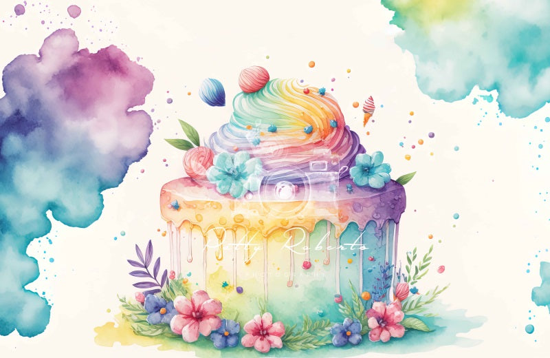 Kate Rainbow Colorful Cake Floral Backdrop Designed by Patty Robertss - Kate Backdrop AU