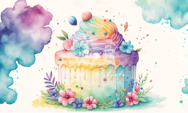 Kate Rainbow Colorful Cake Floral Backdrop Designed by Patty Robertss - Kate Backdrop AU
