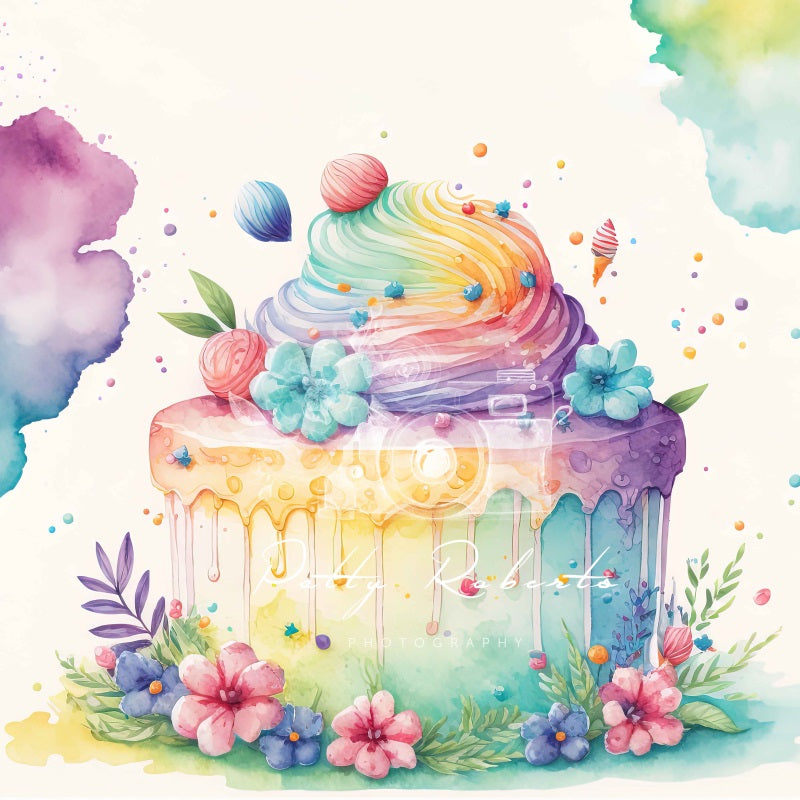 Kate Rainbow Colorful Cake Floral Backdrop Designed by Patty Robertss - Kate Backdrop AU
