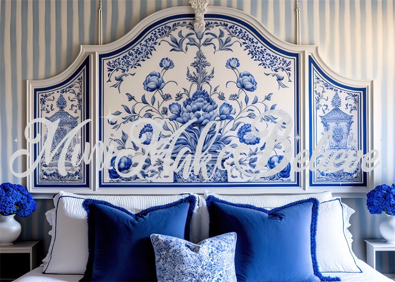 Kate Painted Blue Backdrop White Delft Style Boudoir Headboard Designed by Mini MakeBelieve - Kate Backdrop AU