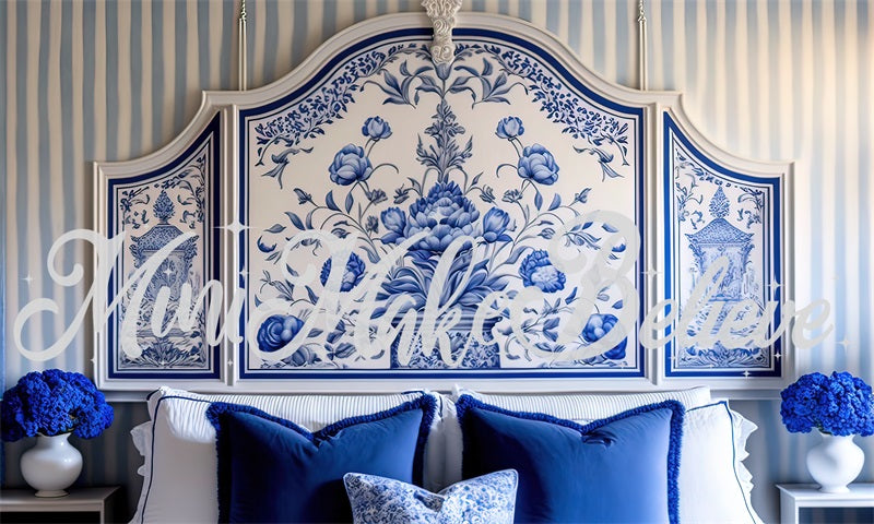 Kate Painted Blue Backdrop White Delft Style Boudoir Headboard Designed by Mini MakeBelieve - Kate Backdrop AU