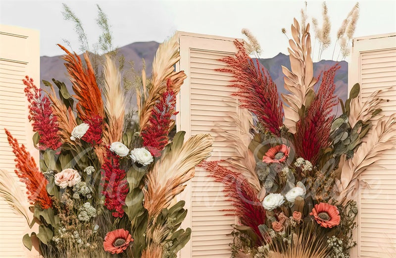 Kate Painterly Boho Backdrop Wood Doors Dried Flowers Designed by Mini MakeBelieve - Kate Backdrop AU