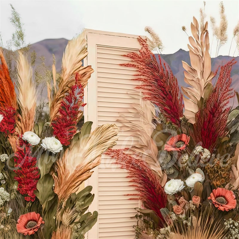 Kate Painterly Boho Backdrop Wood Doors Dried Flowers Designed by Mini MakeBelieve - Kate Backdrop AU