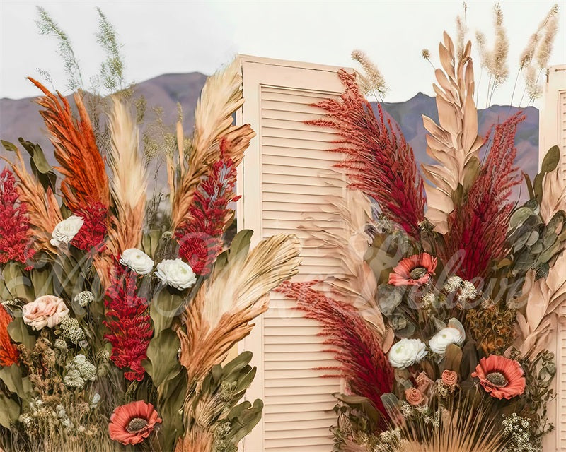 Kate Painterly Boho Backdrop Wood Doors Dried Flowers Designed by Mini MakeBelieve - Kate Backdrop AU