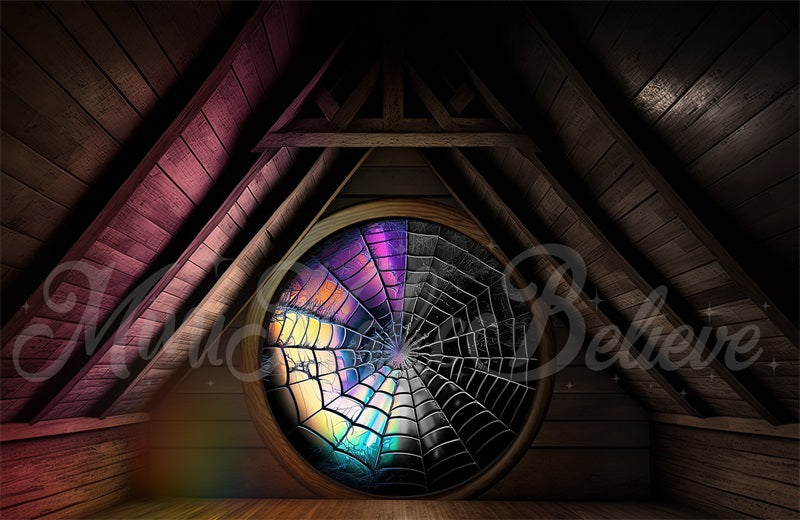 Kate Spooky Halloween Backdrop Attic Dorm Room Colorful Spiderweb Window Designed by Mini MakeBelieve - Kate Backdrop AU