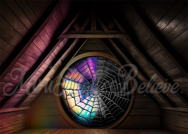 Kate Spooky Halloween Backdrop Attic Dorm Room Colorful Spiderweb Window Designed by Mini MakeBelieve - Kate Backdrop AU