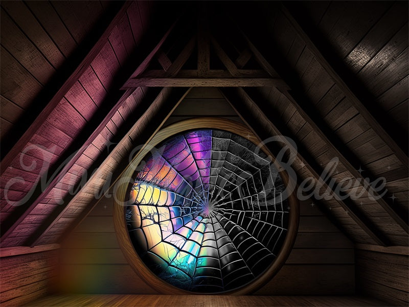 Kate Spooky Halloween Backdrop Attic Dorm Room Colorful Spiderweb Window Designed by Mini MakeBelieve - Kate Backdrop AU