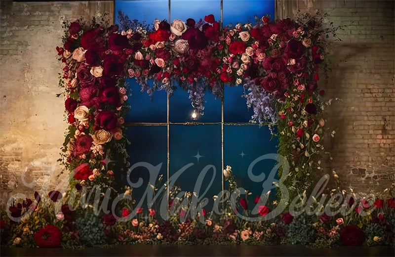 kate Painterly Fine Art Industrial Backdrop Brick Wall Red Flowers Designed by Mini MakeBelieve - Kate Backdrop AU