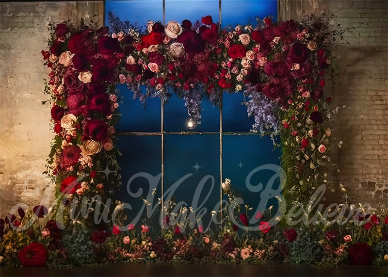 kate Painterly Fine Art Industrial Backdrop Brick Wall Red Flowers Designed by Mini MakeBelieve - Kate Backdrop AU