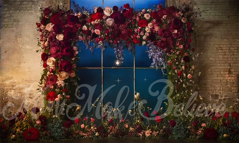 kate Painterly Fine Art Industrial Backdrop Brick Wall Red Flowers Designed by Mini MakeBelieve - Kate Backdrop AU